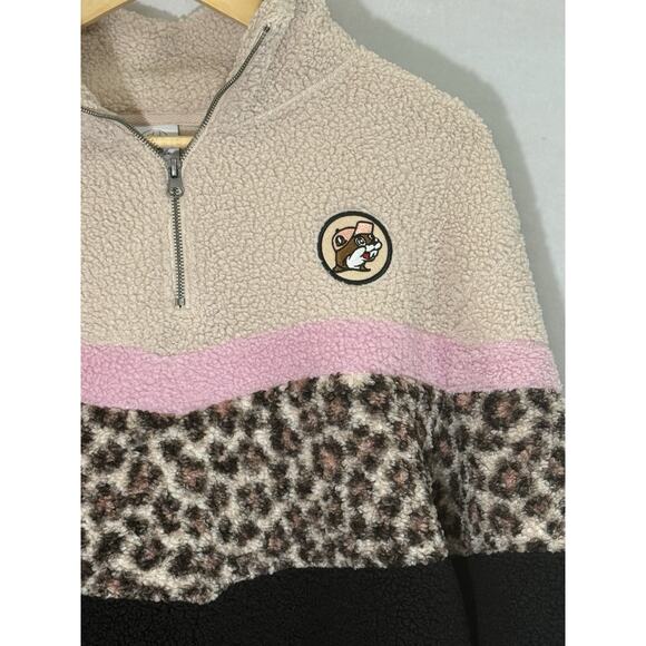 Buc-ee’s Women’s Large Sherpa Fleece Pullover Beige Pink Leopard Black Half Zip - Picture 3 of 8